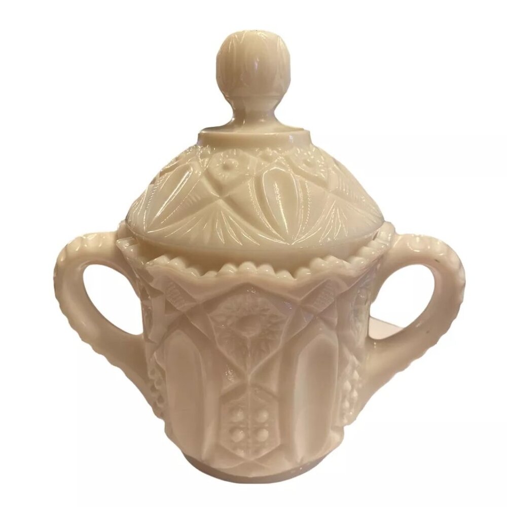 Beautiful Candy Dish - Milk Glass Etched - 2 Handled with Lid - 7 1/2" tall